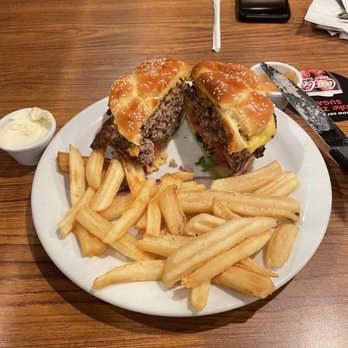 Denny's - Double Cheeseburger Wavy Cut French Fries with diner Q sauce on the burger. - Diners Near Me - Pittsburgh, Pennsylvania Denny's - Double Cheeseburger Wavy Cut French Fries with diner Q sauce on the burger. - Diners Near Me - Pittsburgh, Pennsylvania