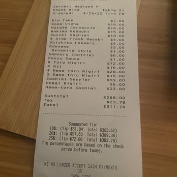Komé - Horrible service and this was the bill - Japanese Near Me - Austin, Texas