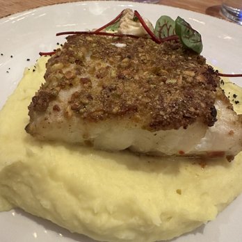 Casa Mariano - Pistachio and bacon crusted corvina over cauliflower mashed potatoes - Mediterranean Near Me - Doral, Florida Casa Mariano - Pistachio and bacon crusted corvina over cauliflower mashed potatoes - Mediterranean Near Me - Doral, Florida