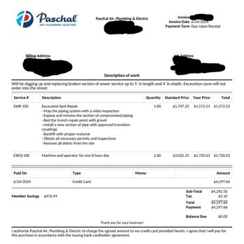 Paschal Air, Plumbing & Electric - Invoice saying they would clean up and fill in the hole. - Heating & Air Conditioning/HVAC Near Me - Springdale, Arkansas Paschal Air, Plumbing & Electric - Invoice saying they would clean up and fill in the hole. - Heating & Air Conditioning/HVAC Near Me - Springdale, Arkansas