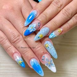 P7 Beaute Day Spa - Mermaid blue ocean theme w/ 3D flower gel Apres Gel X nails. #geloverlay #hardgel #buildergel #shellacmani #gelmani #nailart #p7beautedayspa