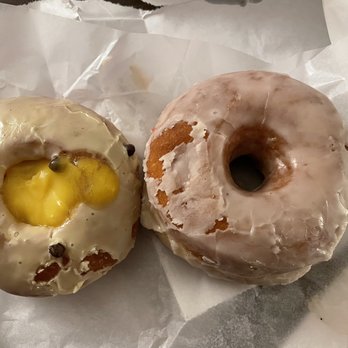 FunkyTown Donuts & Drafts - Passion fruit on left, glazed on right - Donuts Near Me - Fort Worth, Texas