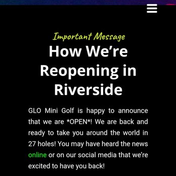 GLO Mini Golf - Website info about them being open even though they arent. - Mini Golf Near Me - Riverside, California GLO Mini Golf - Website info about them being open even though they arent. - Mini Golf Near Me - Riverside, California