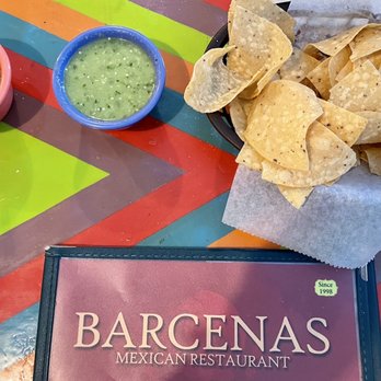 Barcena's Mexican Grill - Chips and salsa - Mild or hot green sauce on request - Mexican Near Me - La Marque, Texas