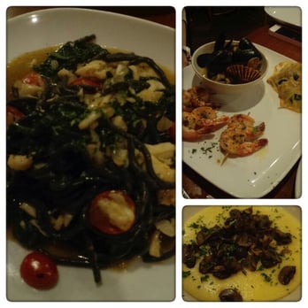 La Tavola - Left: Black spaghetti with crab and spinach  Upper right: Assorted seafood  Lower right: Mushroom, spinach polenta - Italian Near Me - Baltimore, Maryland