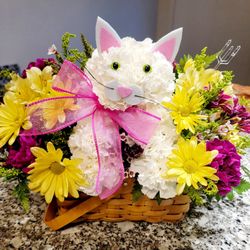 Garden of Peace - "FABULOUS FELINE" basket of flowers with a cat made from carnations!