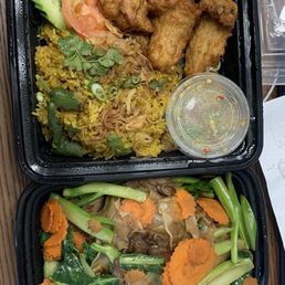 63. Fried Chicken with Curry Fried Rice and 28. Pad See Ew
