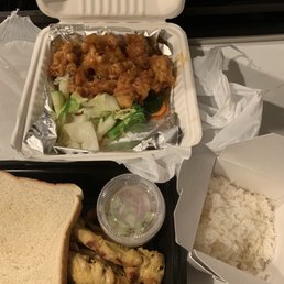 Orange chicken, chicken satay and steamed rice