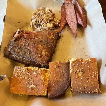 Mission BBQ - (3 meats)  Pulled Pork, Bay-B-Back Ribs, Sausage, & corn bread - Barbeque Near Me - Davie, Florida