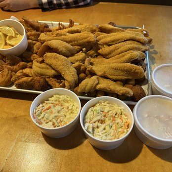The Catch - Chicken, shrimp, and catfish feast with coleslaw and okra - Seafood Near Me - Midwest City, Oklahoma