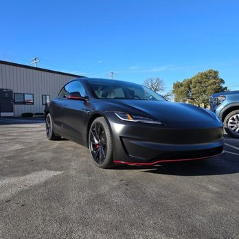 The Wrench Shack - Satin black vinyl with full clear ppf. Custom red stripes that match calipers - Car Window Tinting Near Me - Sugar Grove, Illinois