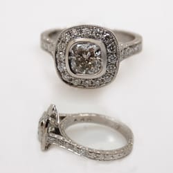 Dutille's Jewelry Design Studio - Custom Hand Fabricated, Hand Engraved Cushion Cut Hallow Diamond Ring.