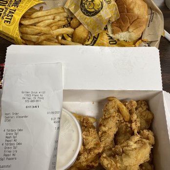 Golden Chick - No spice on the tenders, you see two of the three poppers I got and my receipt that shows I ordered spicy meals. Not good quality. - Fast Food Near Me - Dallas, Texas