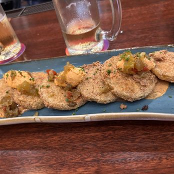 Reba's Place - Fried green tomatoes with chow chow and pimento cheese. - American Near Me - Atoka, Oklahoma Reba's Place - Fried green tomatoes with chow chow and pimento cheese. - American Near Me - Atoka, Oklahoma