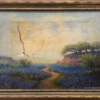 Prism Specialties Art of Central Texas - Cracked, torn and stained Blue Bonnet Painting - Art Restoration Near Me - Buda, Texas