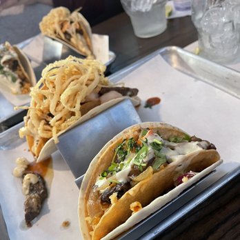 Agave & Rye - Covington - The Filthy Fajita Taco and the Bomb Taco. And empty margarita glasses - Cocktail Bars Near Me - Covington, Kentucky