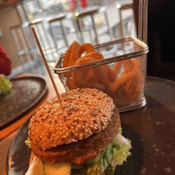 The Bronx Burger Bar - Falafel burger and onion rings