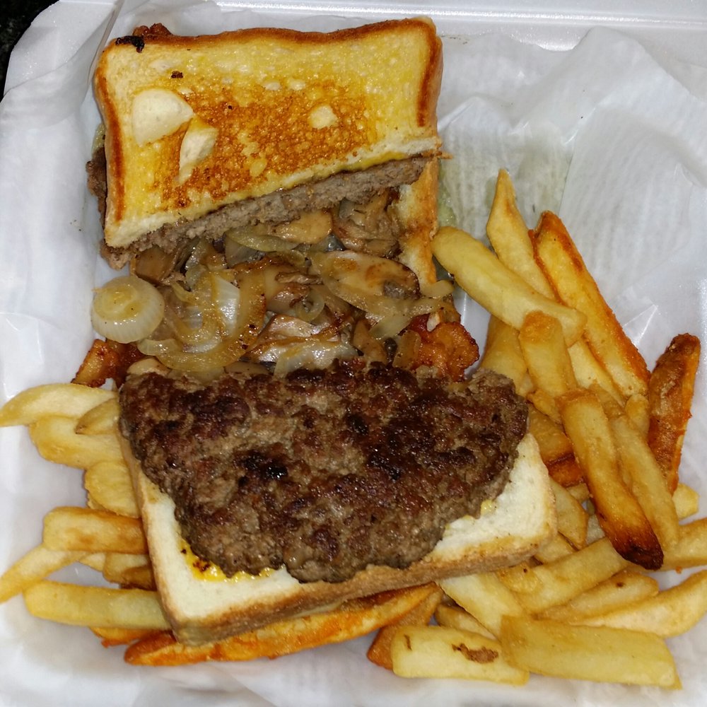 Gray's Cafe - Texas burger.  BACON, grilled mushrooms, grilled onions, american cheese and Texas toast.  Yummy in my tummy. - Cafes Near Me - Adrian, Missouri