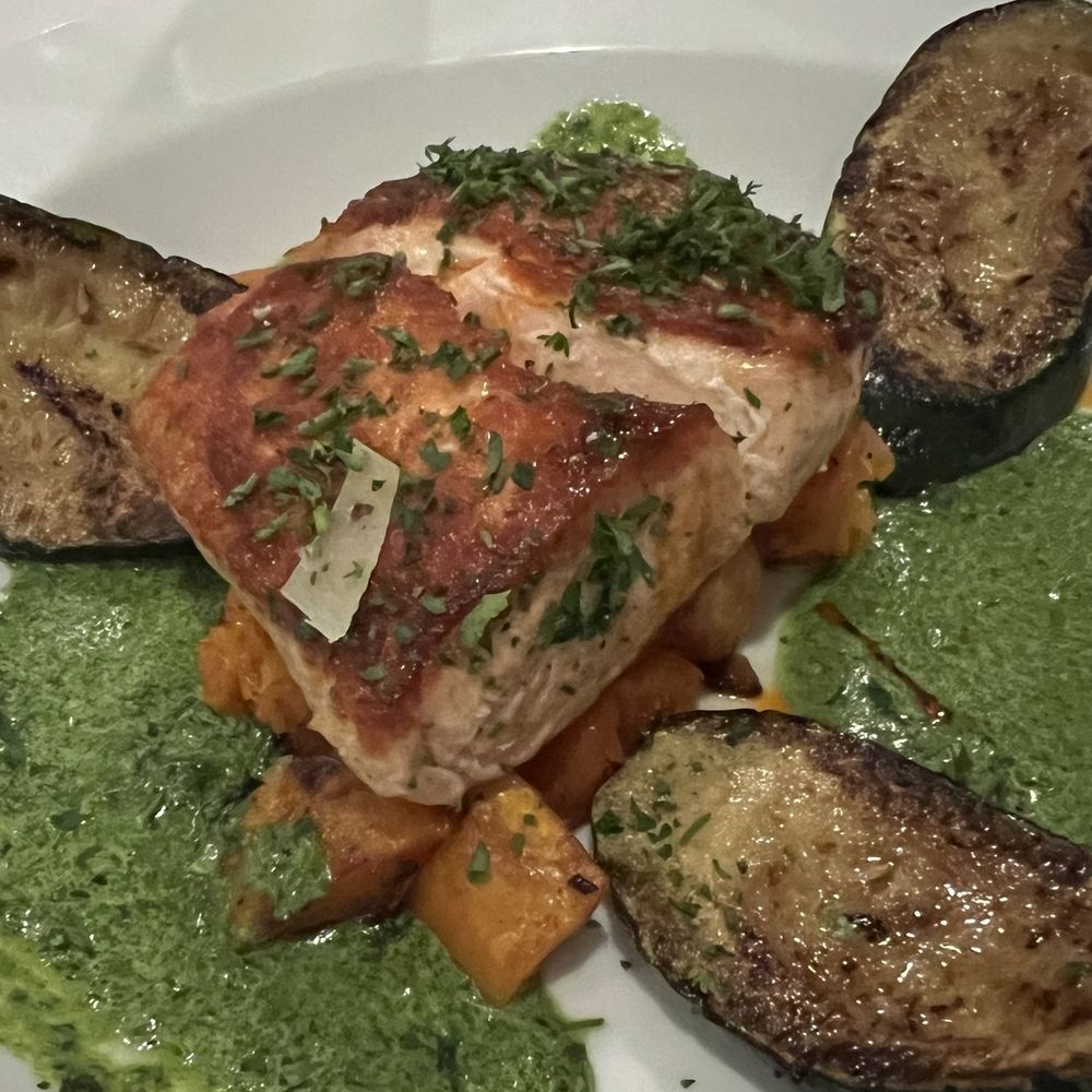 Bistro 46 - My Seared Norwegian Salmon with butternut squash, roasted zucchini and spinach pesto I loved it! - New American Near Me - Morristown, New Jersey