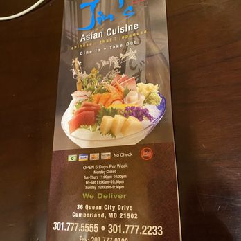 Jin's Asian Cuisine - Menu cover with hours and location - Sushi Bars Near Me - Cumberland, Maryland Jin's Asian Cuisine - Menu cover with hours and location - Sushi Bars Near Me - Cumberland, Maryland