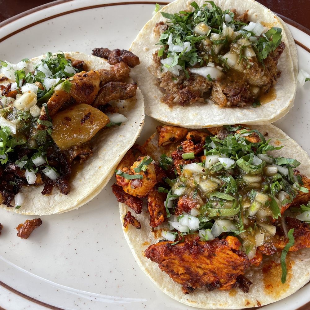 Jarro Viejo - Regular Tacos- Al Pastor (Left), Carnitas (Top), Pollo Adobado (Right) - Mexican Near Me - Oakdale, California Jarro Viejo - Regular Tacos- Al Pastor (Left), Carnitas (Top), Pollo Adobado (Right) - Mexican Near Me - Oakdale, California