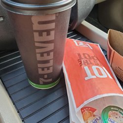 7-Eleven - Coffee...they pour it for you behind the checkstand and pack your creamers to go.