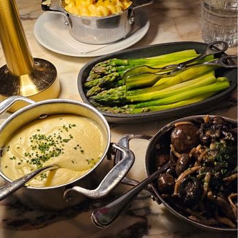 Carversteak - Mac & Cheese Gratin, Asparagus, Roasted Mushrooms & Pommes Purée. I also got the 10oz filet of ribeye cooked to a perfect medium rare. - Steakhouses Near Me - Las Vegas, Nevada