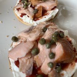 Fish Brothers - Fish Brothers smoked salmon on locally-made raspberry habanero jelly and cream cheese on toasted sesame bagel
