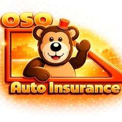 Oso Auto Insurance - Oso Insurance logo for an auto insurance and tax service company, featuring a friendly bear mascot waving inside a red triang...