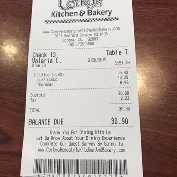 Corky's Kitchen & Bakery - The bill - Bakeries Near Me - Corona, California