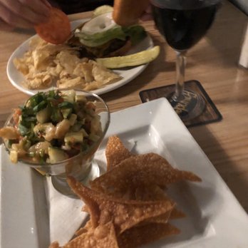 Flatwater Restaurant - Shrimp Ceviche Tostada, Flatwater Burger, and red wine - Comfort Food Near Me - Indianapolis, Indiana