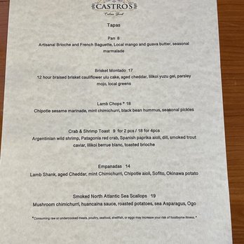 Castro’s - Dinner menu as of November 19, 2021 - Latin American Near Me - Honolulu, Hawaii
