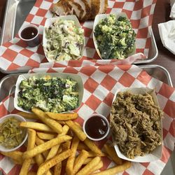 Dave's BBQ & Smokehouse - Pulled pork sandwich no bun, fries & broccoli salad. Chicken, cabbage salad & broccoli salad.