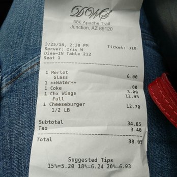 Dirtwater Springs - Seems like a big bill for a cheeseburger and wings. - American Near Me - Apache Junction, Arizona Dirtwater Springs - Seems like a big bill for a cheeseburger and wings. - American Near Me - Apache Junction, Arizona