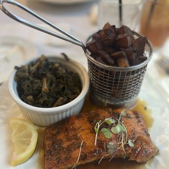 Papi Cuisine - Honey Glazed Salmon, meatless greens, and breakfast potatoes - Cocktail Bars Near Me - Baltimore, Maryland Papi Cuisine - Honey Glazed Salmon, meatless greens, and breakfast potatoes - Cocktail Bars Near Me - Baltimore, Maryland