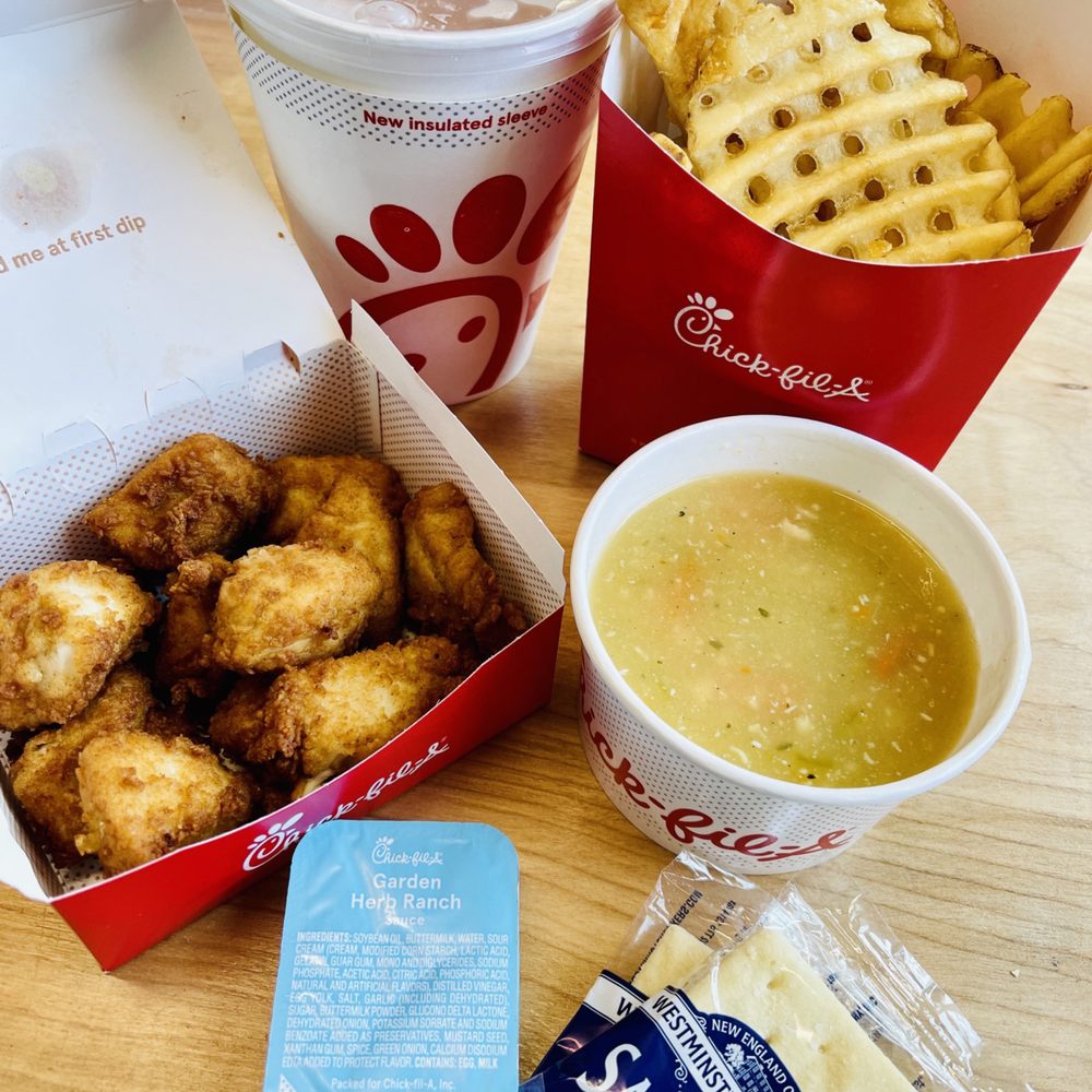 Chick-fil-A - Chick-fil-A Nuggets, Chick-fil-A Waffle Potato Fries, Chicken Noodle Soup, peach tea lemonade, 8oz Garden Herb Ranch Sauce - Fast Food Near Me - Watertown, New York