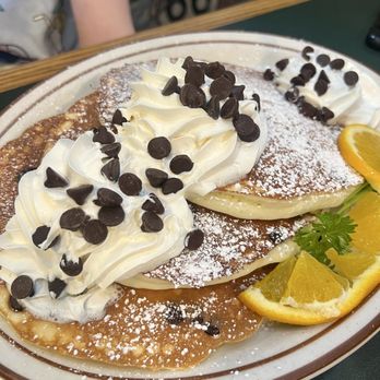 Flappy Jack's Pancake House - Chocolate Chip Pancakes. This dish made my daughter's day! DELICIOUS! - Pancakes Near Me - Orange, California