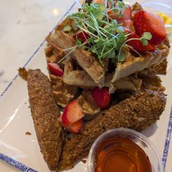 Nectarine - Chicken n' Waffles (GF, DFO) Plaintain Crusted Chicken Tenders + Paleo Belgian Waffle + Honey Dijon Sauce + Maple Syrup + Grass-fed Butter