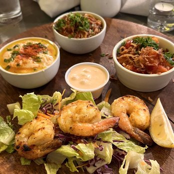 Noosh Kitchen - Taste of Persia: Eggplant Delight, hummus, Fiery Roasted Potatoes, Grilled Shrimp - Persian/Iranian Near Me - Johns Creek, Georgia