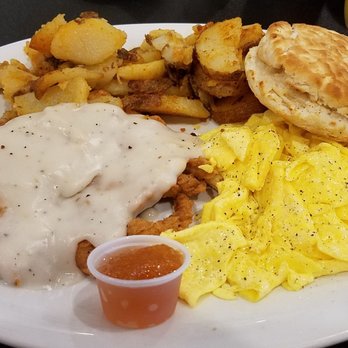 Maple Leaf Diner - Chicken Fried Chicken breakfast with scrambled eggs, home fries, a biscuit and homemade apple jam. - American Near Me - Dallas, Texas Maple Leaf Diner - Chicken Fried Chicken breakfast with scrambled eggs, home fries, a biscuit and homemade apple jam. - American Near Me - Dallas, Texas