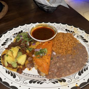 The Mexicano - Three Taco Plate (Al Pastor, Carne Asada, and Birria) with rice and beans - Mexican Near Me - Chandler, Arizona