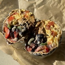 Egg and chicken breakfast burrito