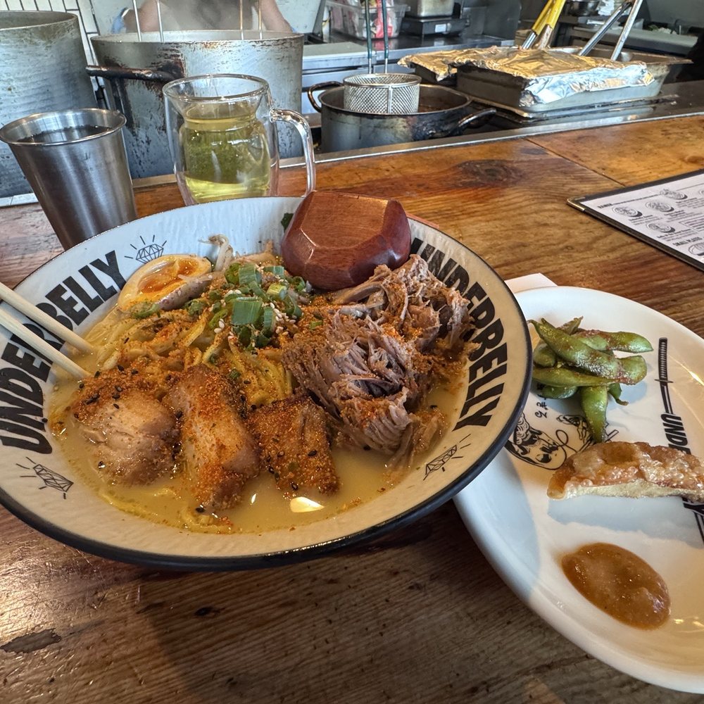 Underbelly Ramen  Spicy Edamame  Beef Gyoza