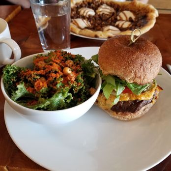 Die Pie - the seared beef burger with chickpea salad and the cinnamon bun pizza in the back. - Pizza Near Me - Edmonton, Alberta