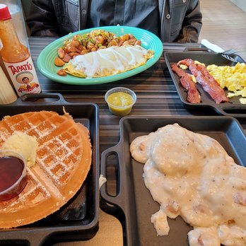Tom’s Chino - Waffles, south of the border omelet and bisquits and gravy - American Near Me - Chino, California Tom’s Chino - Waffles, south of the border omelet and bisquits and gravy - American Near Me - Chino, California