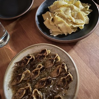 Theodore Rex - Top: tagliatelle warmed in cultured butter ($26) Bottom: cresc'tajat, pasta with fermented radish, mushroom, dill ($22) - New American Near Me - Houston, Texas Theodore Rex - Top: tagliatelle warmed in cultured butter ($26) Bottom: cresc'tajat, pasta with fermented radish, mushroom, dill ($22) - New American Near Me - Houston, Texas
