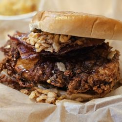 City Barbeque - Dirty Bird sandwhich: Crispy Chicken Breast w/honey bbq sauce, double smoked bacon, crispy onion straws, pickles & chipotle ranch. A