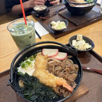 Tendon Kohaku - udon and strawberry matcha drink - Japanese Near Me - Bellevue, Washington Tendon Kohaku - udon and strawberry matcha drink - Japanese Near Me - Bellevue, Washington