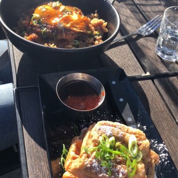 The Switchboard - Korean Fried Chicken & Waffle in front and Korean Loco Moco in back - Hawaiian Near Me - Oceanside, California