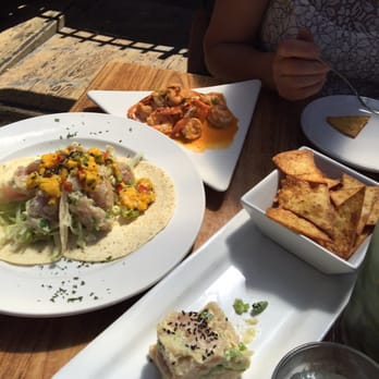 Havana - Crudo with pita chips, garlic chili prawns and tuna tacos! All very good! - Latin American Near Me - Vancouver, British Columbia